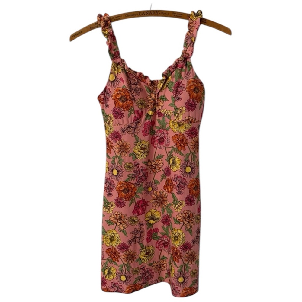 Derek Heart Pink Floral Mini Sundress Ruffle Bodice Straps Size Small